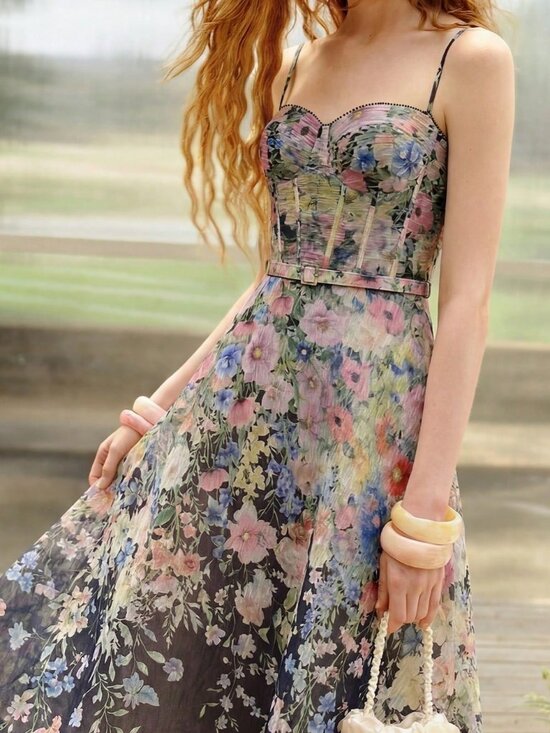 Dresses & Skirts - Black Elegant Women's Floral Print Bustier Slip Long Dress With Belt